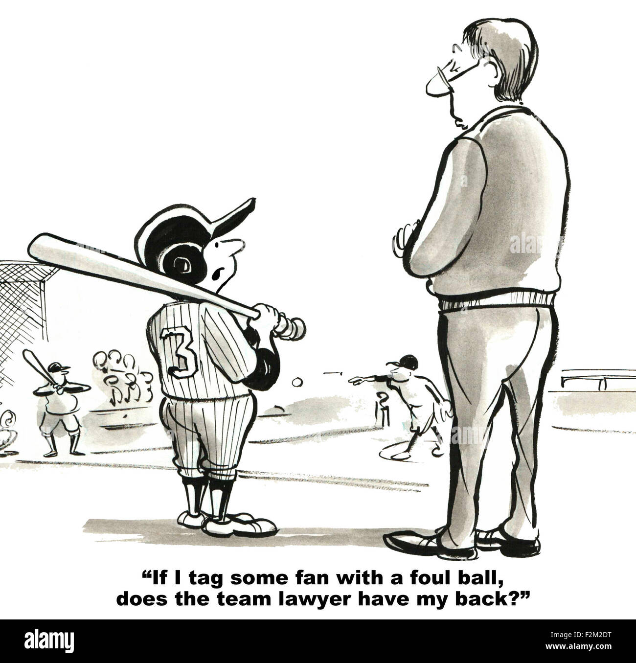 Caricature juridique garçon baseball coach, dit "Si je tag certains ventilateur avec une fausse balle, l'équipe avocat ont le dos ?". Banque D'Images