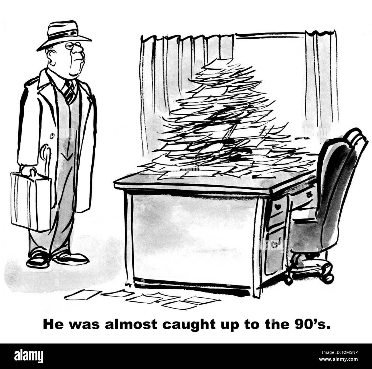 Caricature d'homme d'antan et débordant de documents sur son bureau, "il était presque rattrapé les années 90'. Banque D'Images