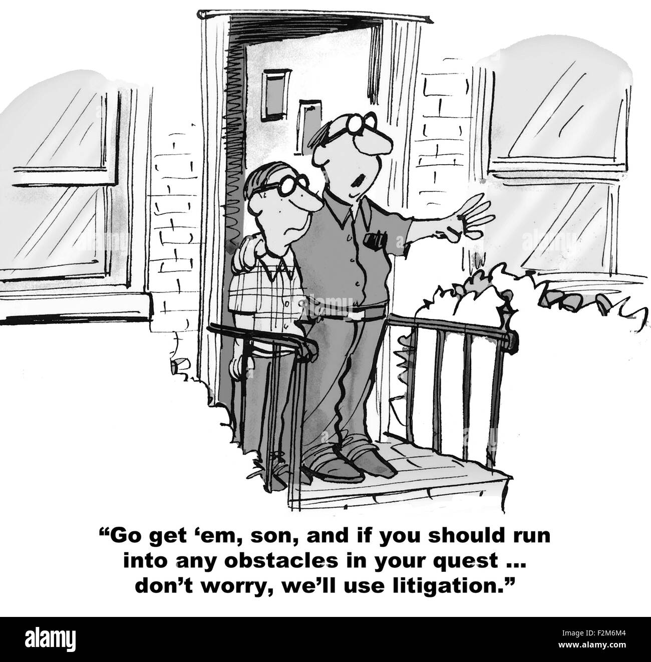 Caricature juridique père dire à son fils adolescent, 'Go Get 'em... rencontrez des obstacles... nous allons utiliser des litiges. Banque D'Images