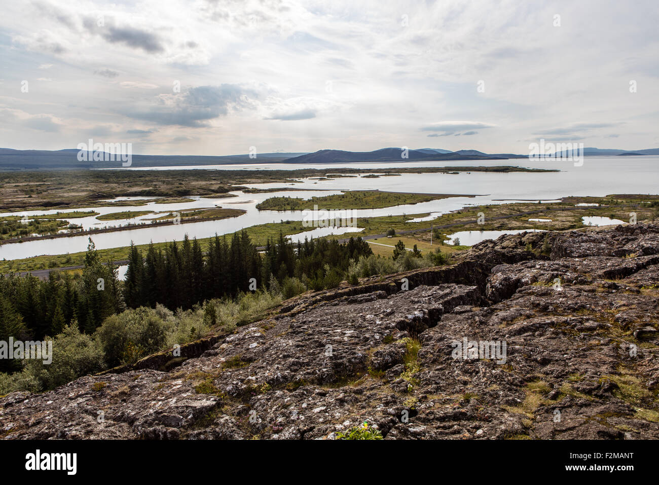 Pingvellir, l'Islande, l'UNESCO, littéralement "le Parlement, des plaines de la rivière Öxará Logberg, ligne, plaque nord-américaine et la plaque eurasienne, Banque D'Images