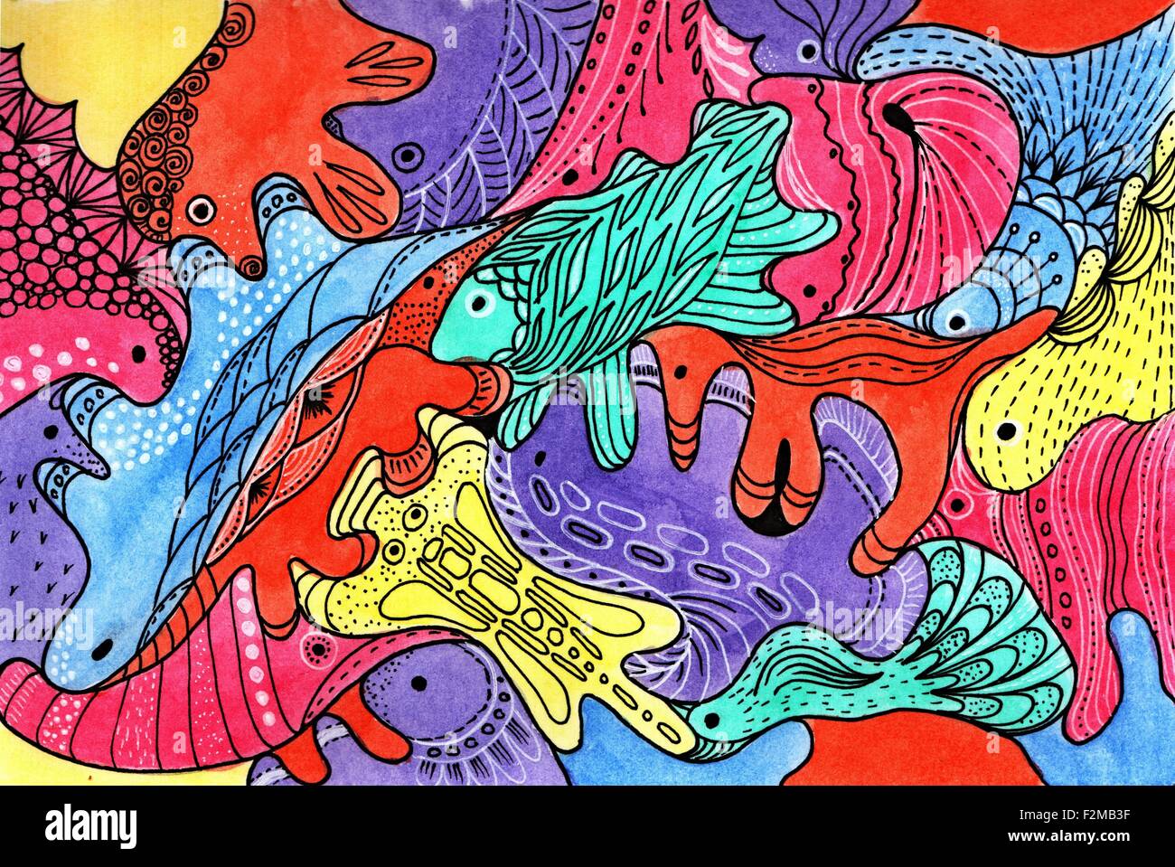 Fond d'animaux fantastiques colorés sont situés à proximité les uns des autres. Dessin à la main à l'aquarelle. Dans l'autre les contours Banque D'Images