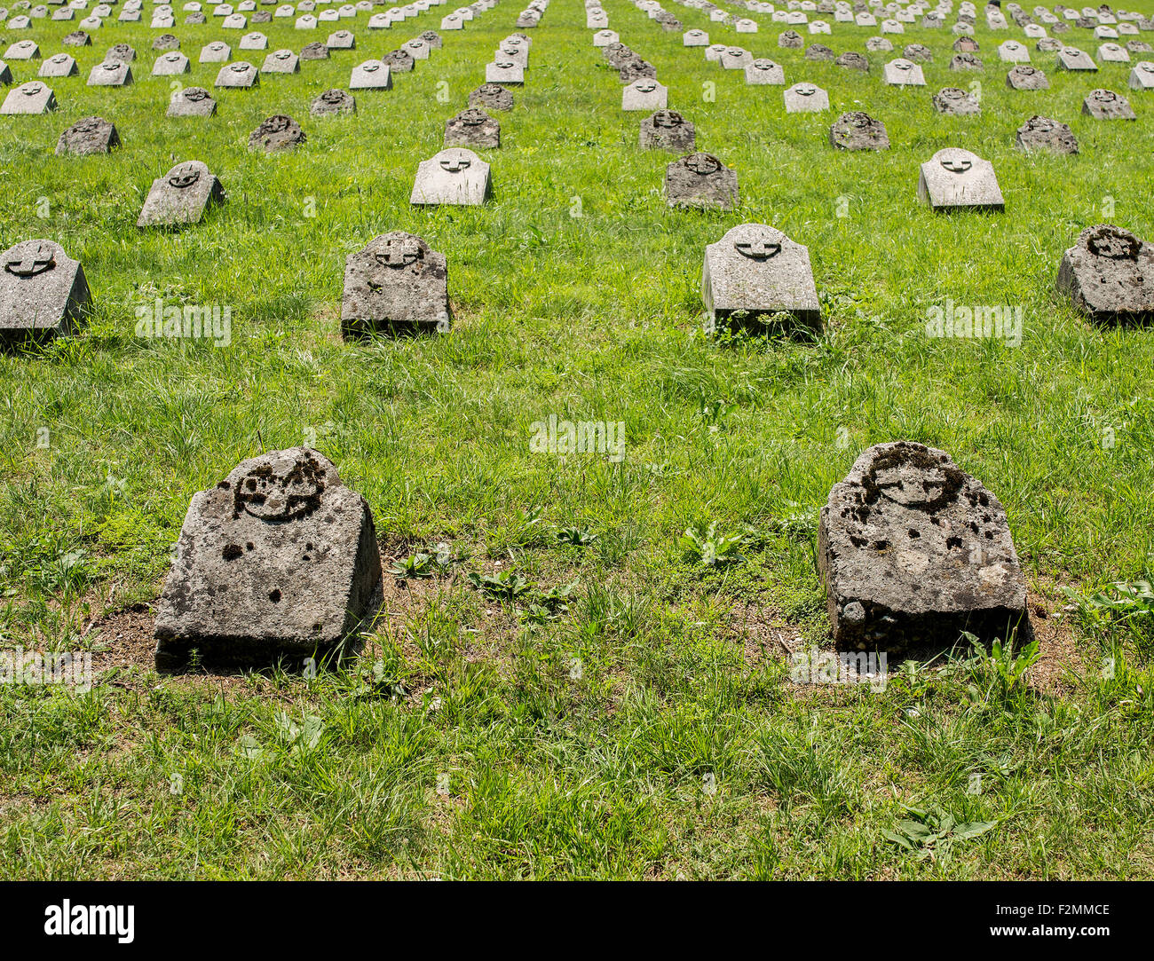 Pierres tombales placées en lignes, chacune pour un soldat, tombé au combat. Banque D'Images