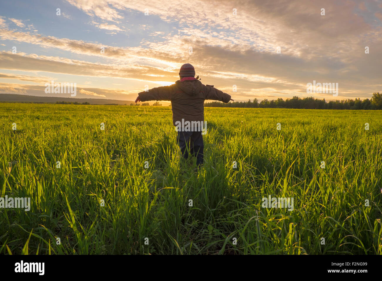 Mari boy admiring sunset in rural field Banque D'Images