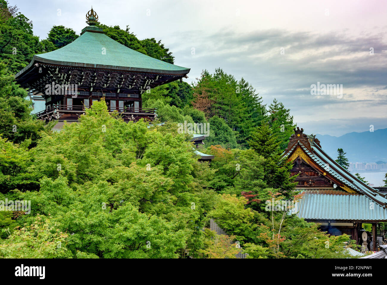 Japon temple toits et arbres Banque D'Images