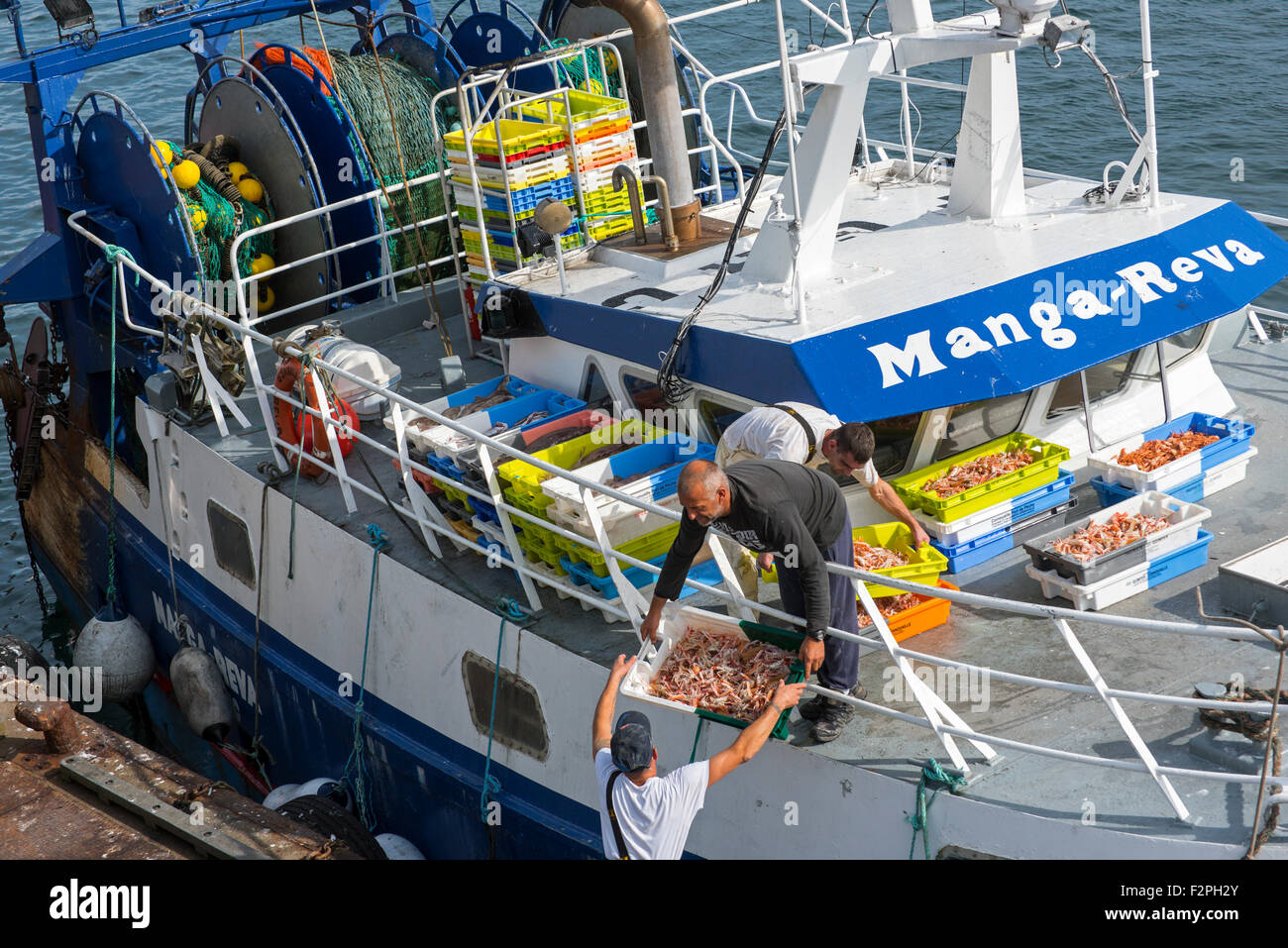 Les pêcheurs à bord du bateau de pêche chalutier captures de déchargement le long quai du marché aux enchères du poisson dans le port du Guilvinec, Bretagne, France Banque D'Images