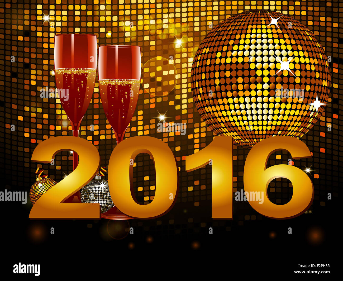 Nouvel An 2016 Célébration Contexte avec verres de champagne et Disco Ball Banque D'Images