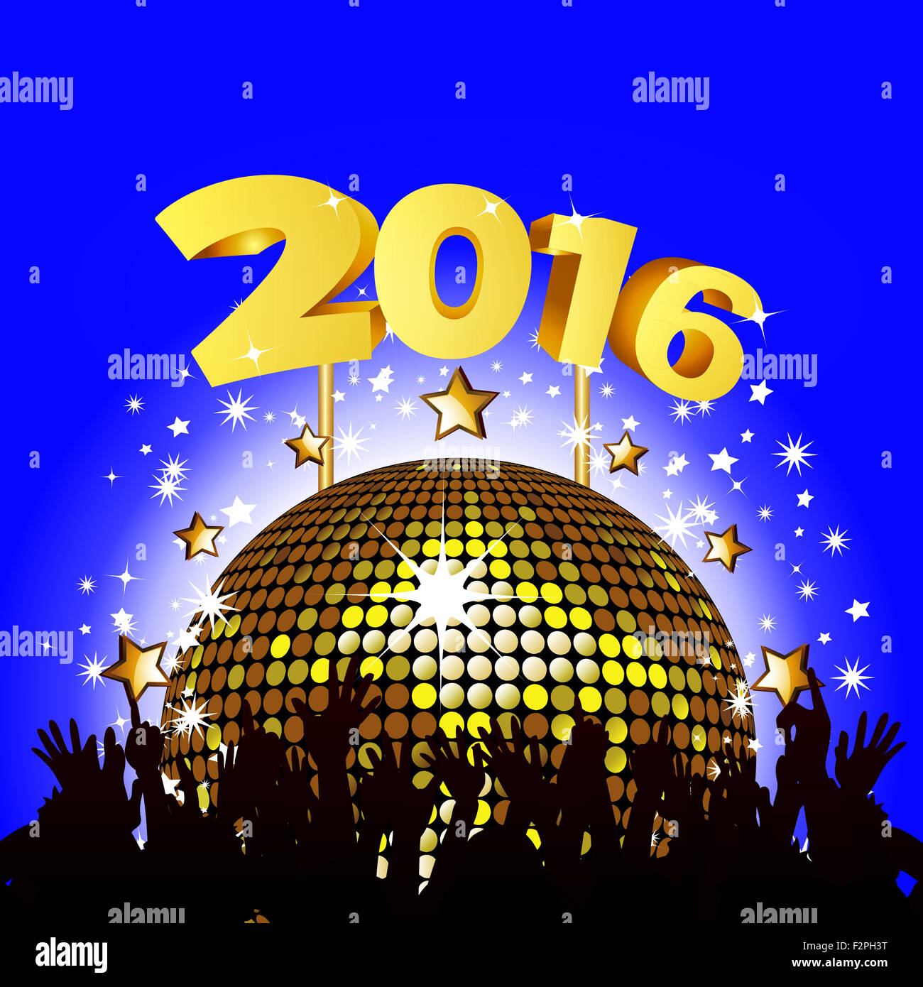 Nouvel An 2016 Party Background avec boule disco et la foule Banque D'Images
