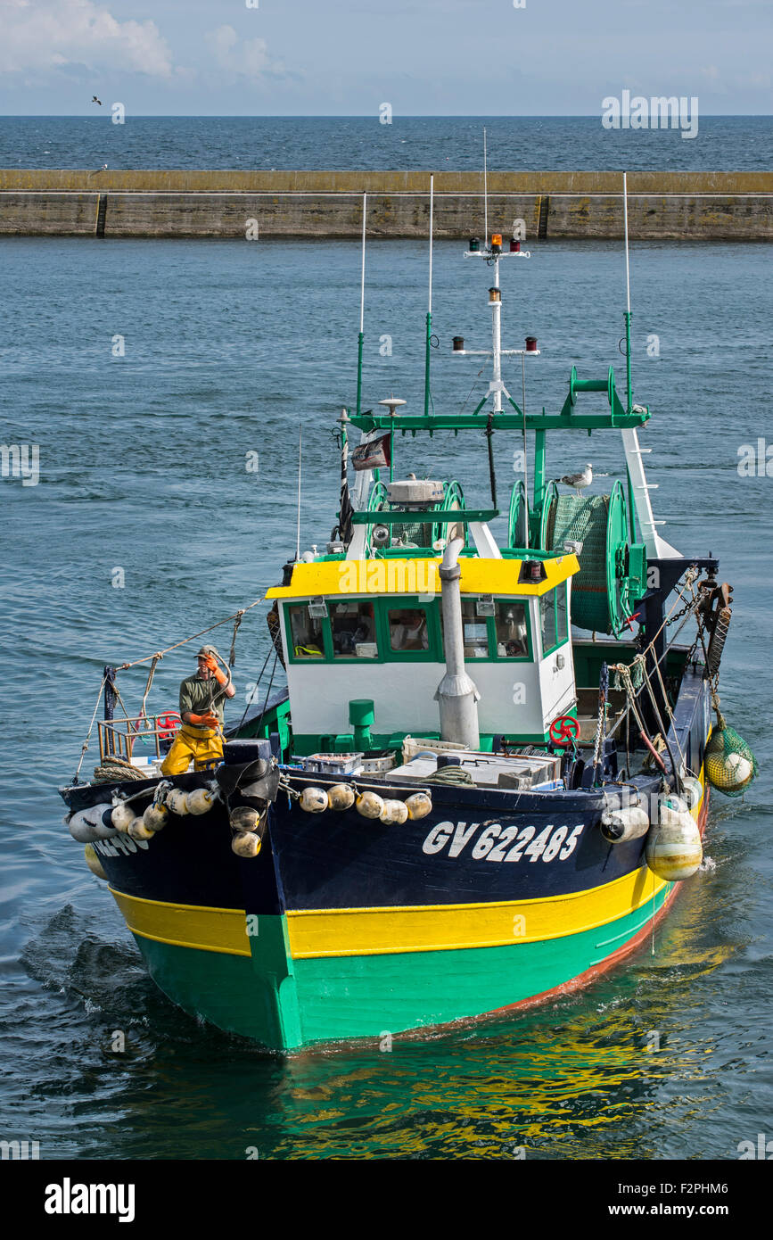 Pêcheur à bord du bateau de pêche de chalutiers entrant dans le port du Guilvinec, Finistère, Bretagne, France Banque D'Images