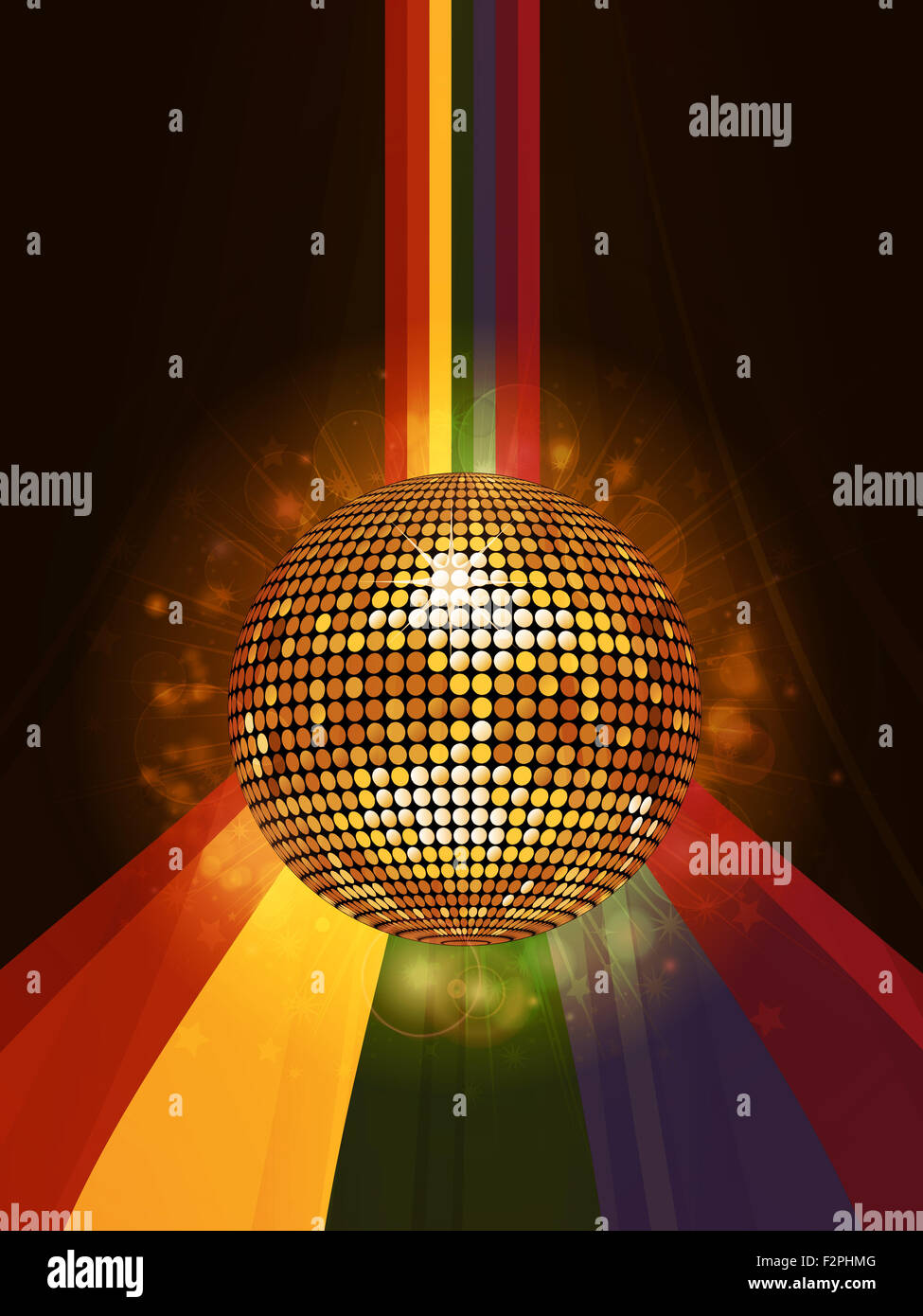 Boule disco d'or brillant sur fond arc-en-ciel Banque D'Images