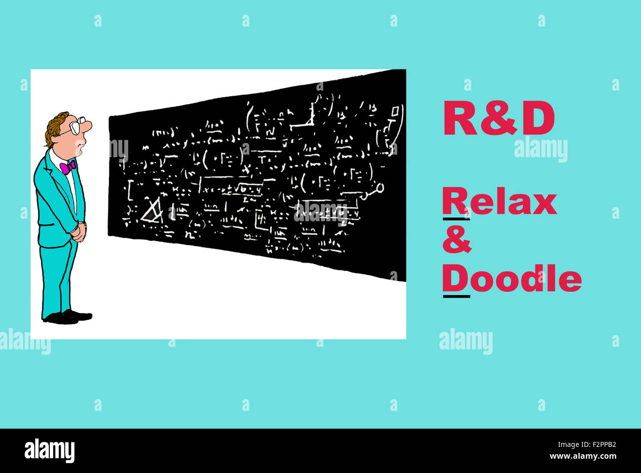 Illustration de l'homme d'affaires à la recherche de formules complexes et de l'acronyme R&D avec le jeu de mots, "Détente & Doodle'. Banque D'Images