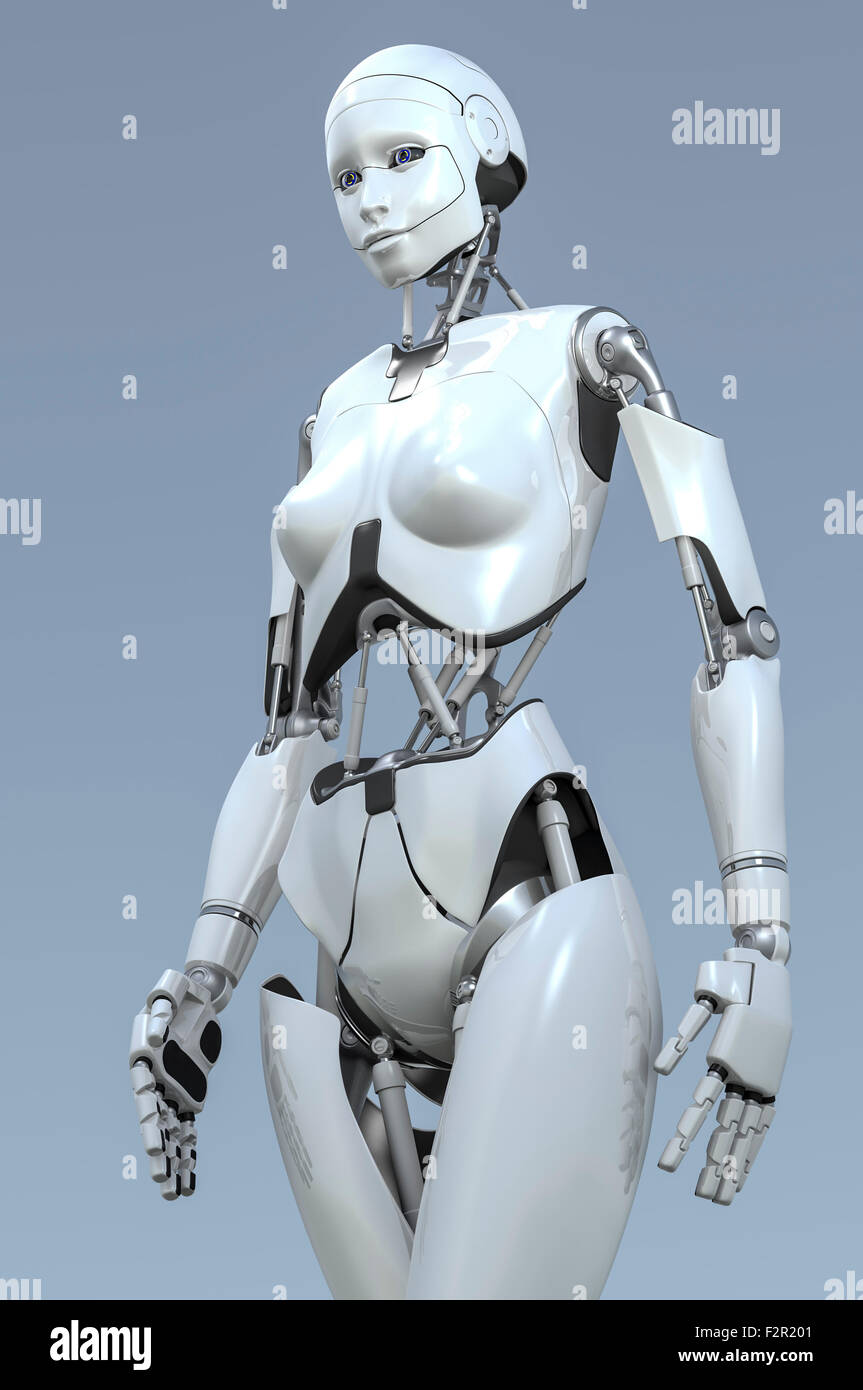 Robot humanoïde femelle milieu marche pas. Banque D'Images