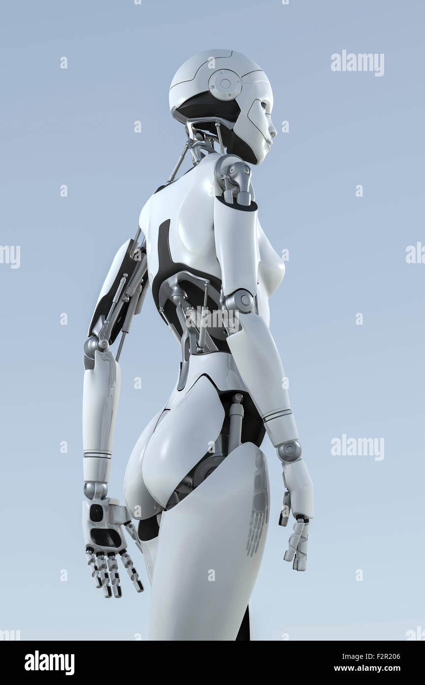 Robot humanoïde femelle milieu marche pas. Banque D'Images