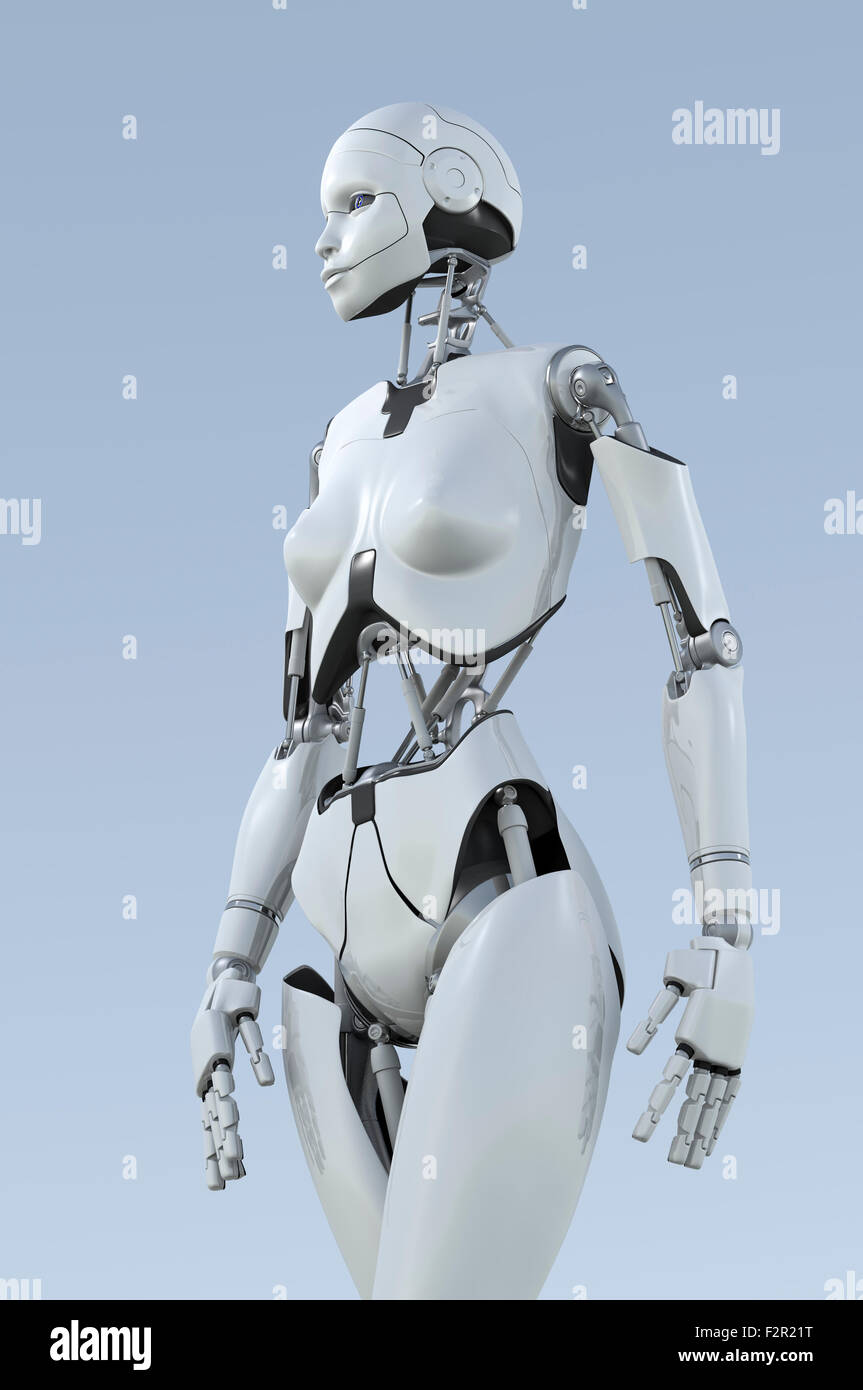 Robot humanoïde femelle milieu marche pas. Banque D'Images