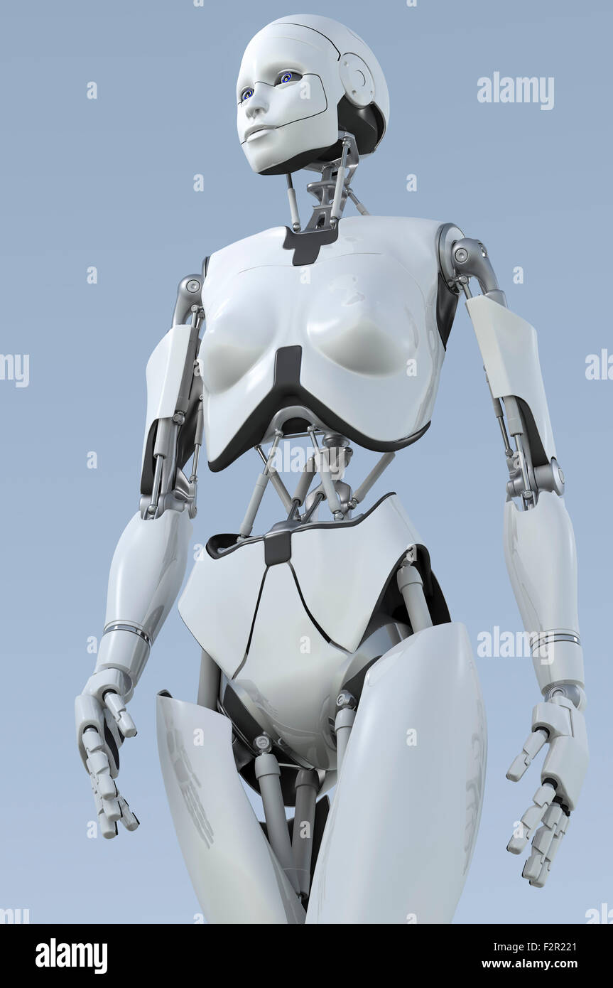 Robot humanoïde femelle milieu marche pas. Banque D'Images
