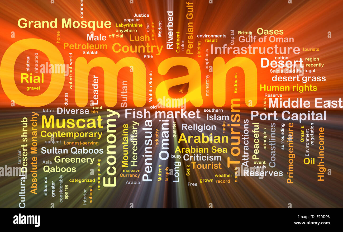 Concept d'arrière-plan wordcloud illustration d'Oman lumière rougeoyante Banque D'Images