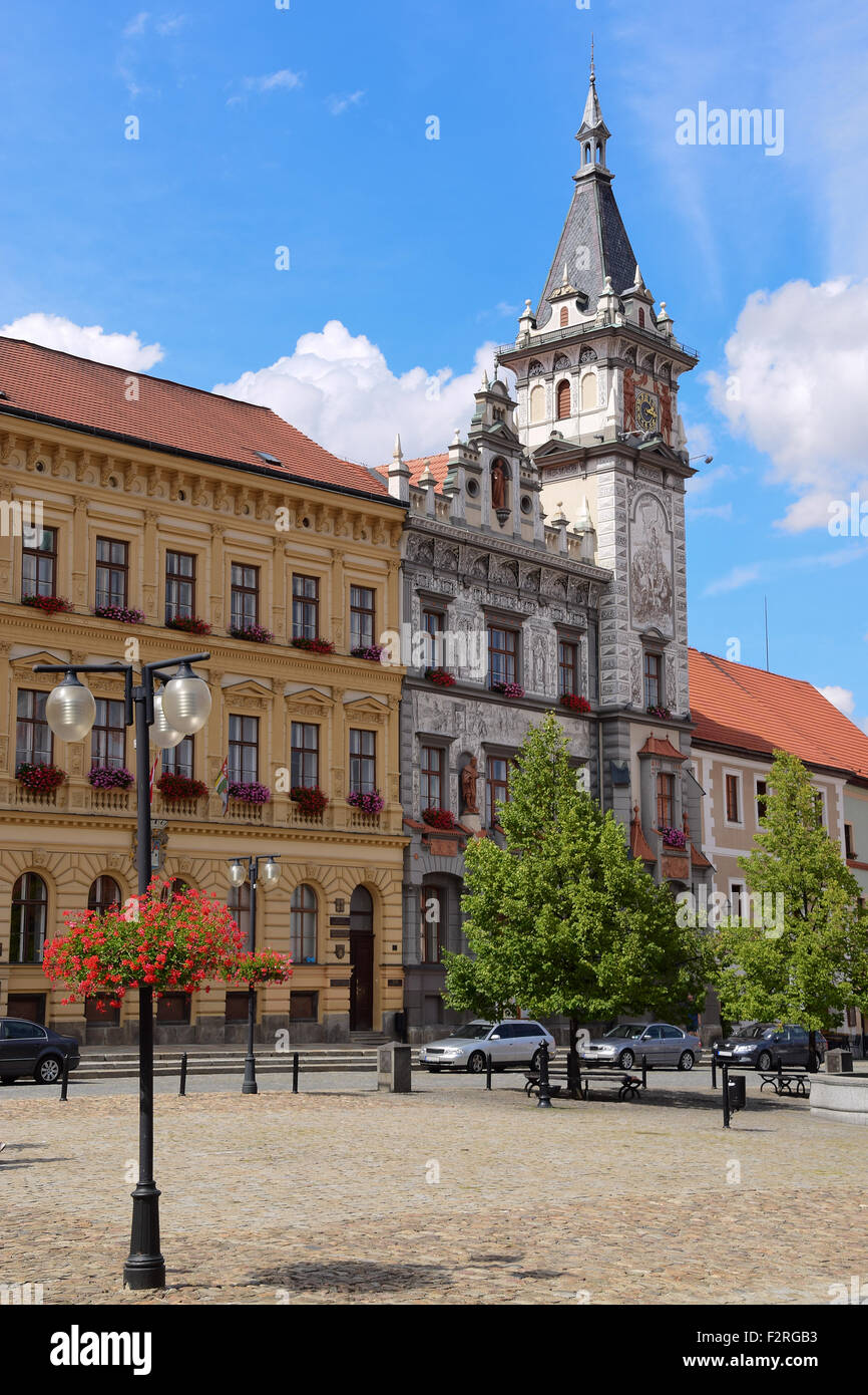 Nouvel hôtel de ville à Prachatice, la nouvelle Mairie à Prachatice en république Tchèque construit dans le style de l'Allemand nouvelle Renaissance Banque D'Images