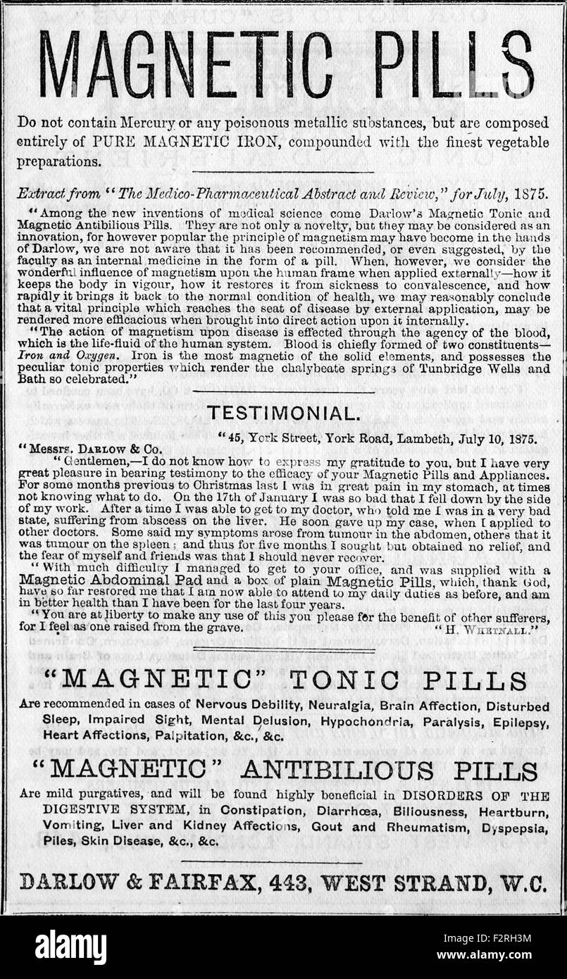 Publicité pour les pilules magnétique, un tonique et antibilious comprimé avec témoignage. Banque D'Images