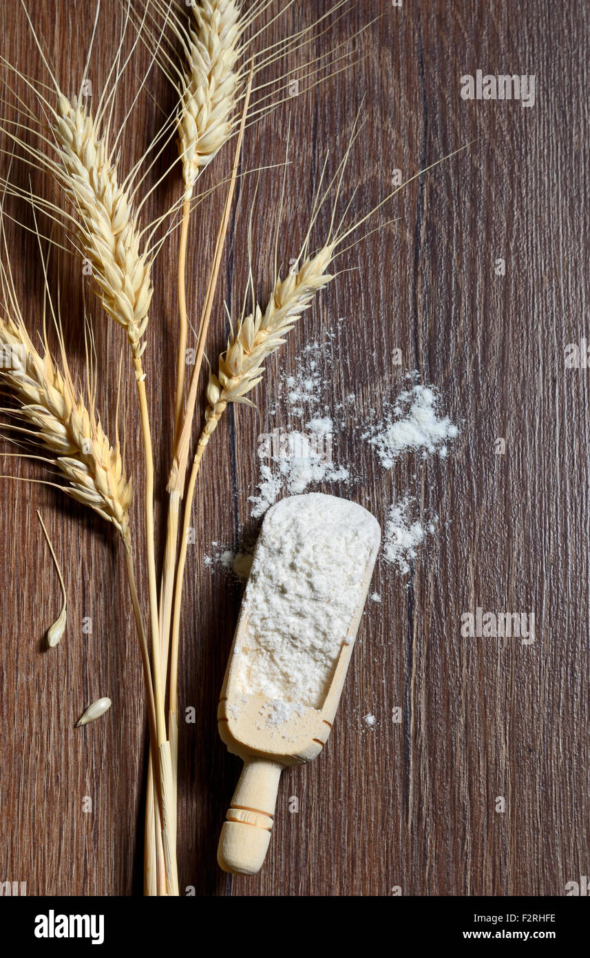 Cuillères en bois avec des grains de blé et de farine de blé Banque D'Images