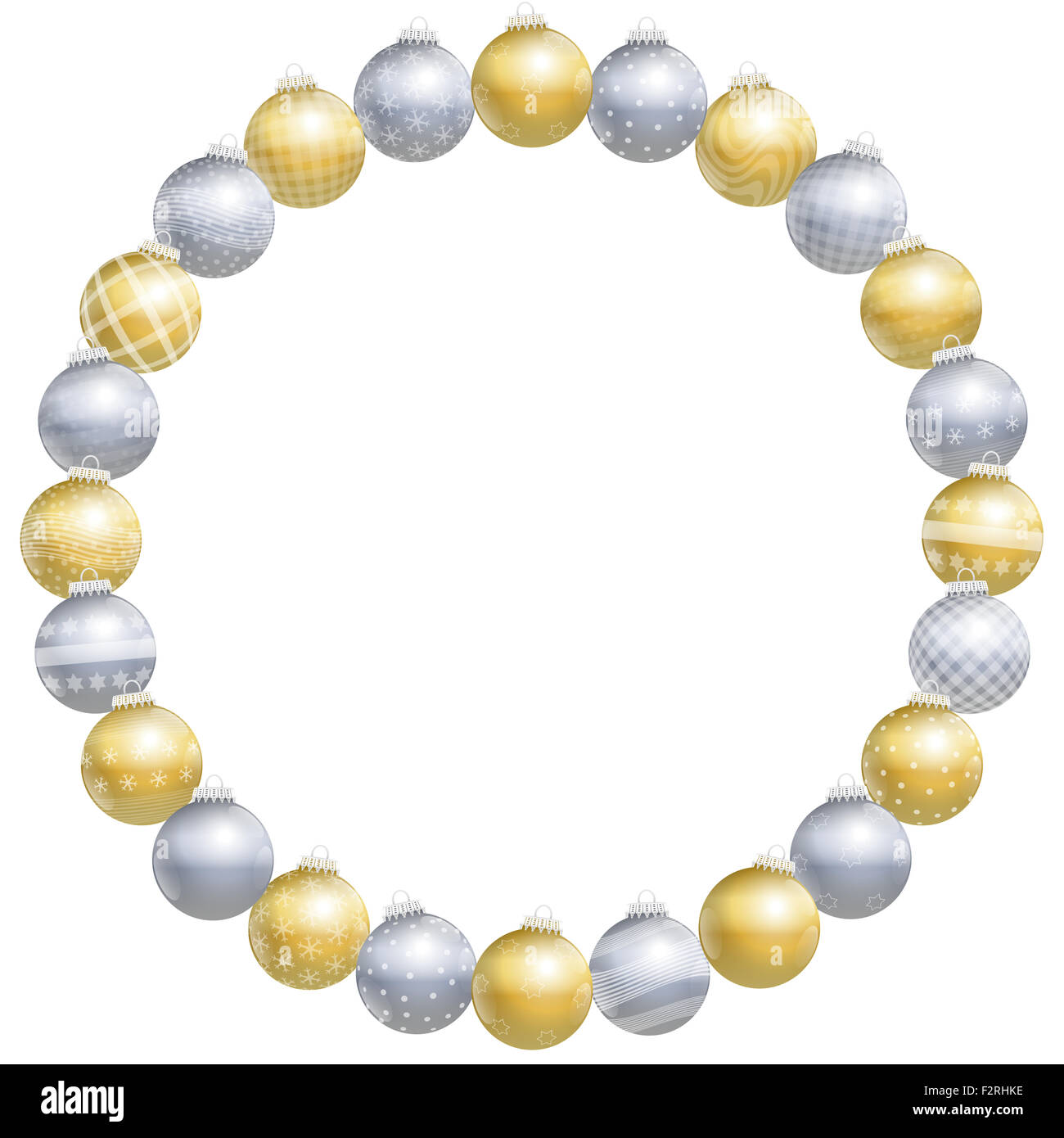 Boules de Noël, de forme arrondie, d'or, d'argent, ornements et motifs différents, vingt-quatre points. Banque D'Images