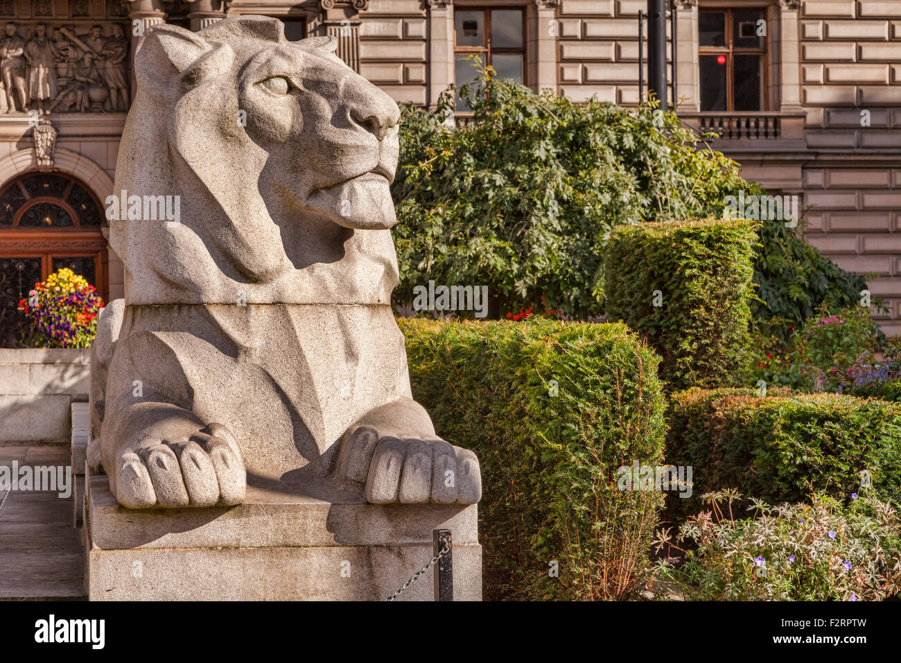 Lion en pierre en face de Glasgow City Chambers, George Square, Glasgow, Ecosse, Royaume-Uni. Banque D'Images