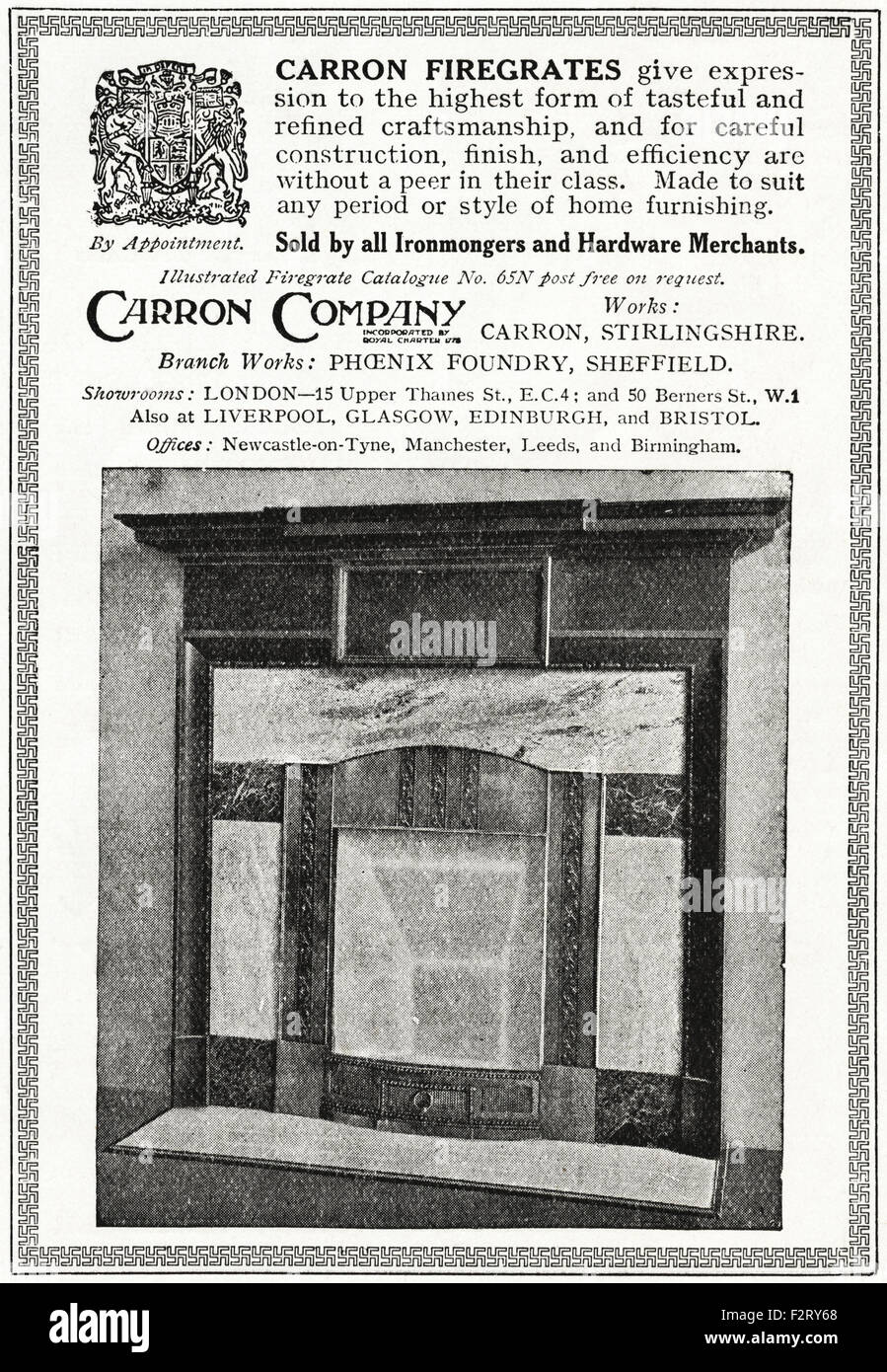 1920s'annonce. Annonce en date du 1923 Carron publicité Firegrates par nomination royale Banque D'Images