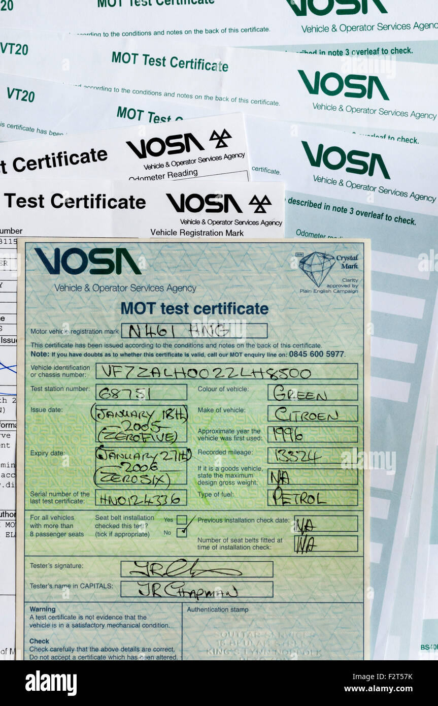Différents style de MOT Certificat d'essai. Banque D'Images