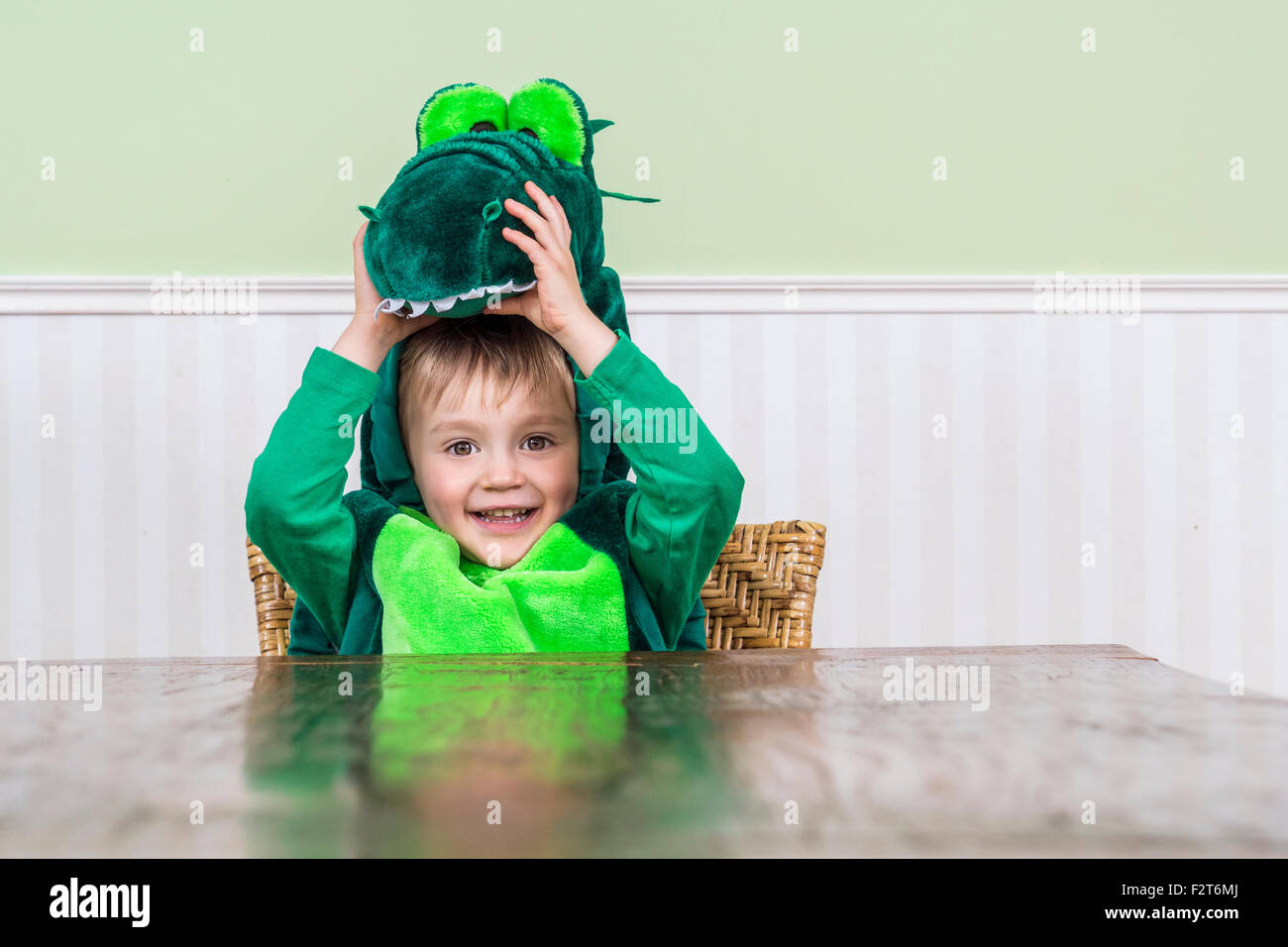 Cute child portant un costume de crocodile Banque D'Images