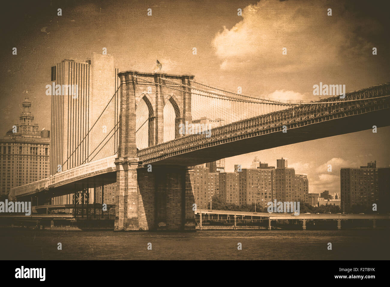 Pont de Brooklyn à New York City, avec effet de texture vintage Banque D'Images