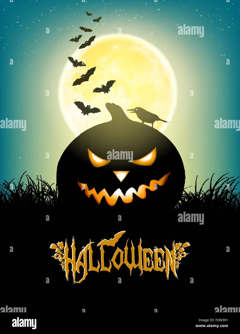 Arrière-plan de l'halloween avec lune, herbe, chauve-souris, citrouille en colère, Crow et le titre de l'inscription Illustration de Vecteur