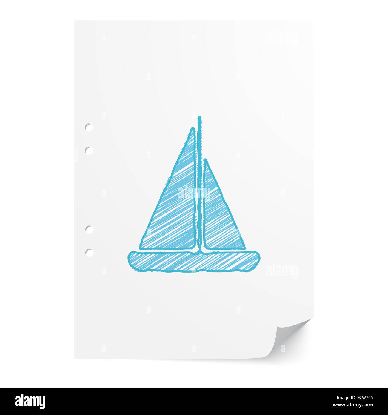 Voilier handdrawn bleu illustration sur papier blanc feuille avec copie espace Banque D'Images