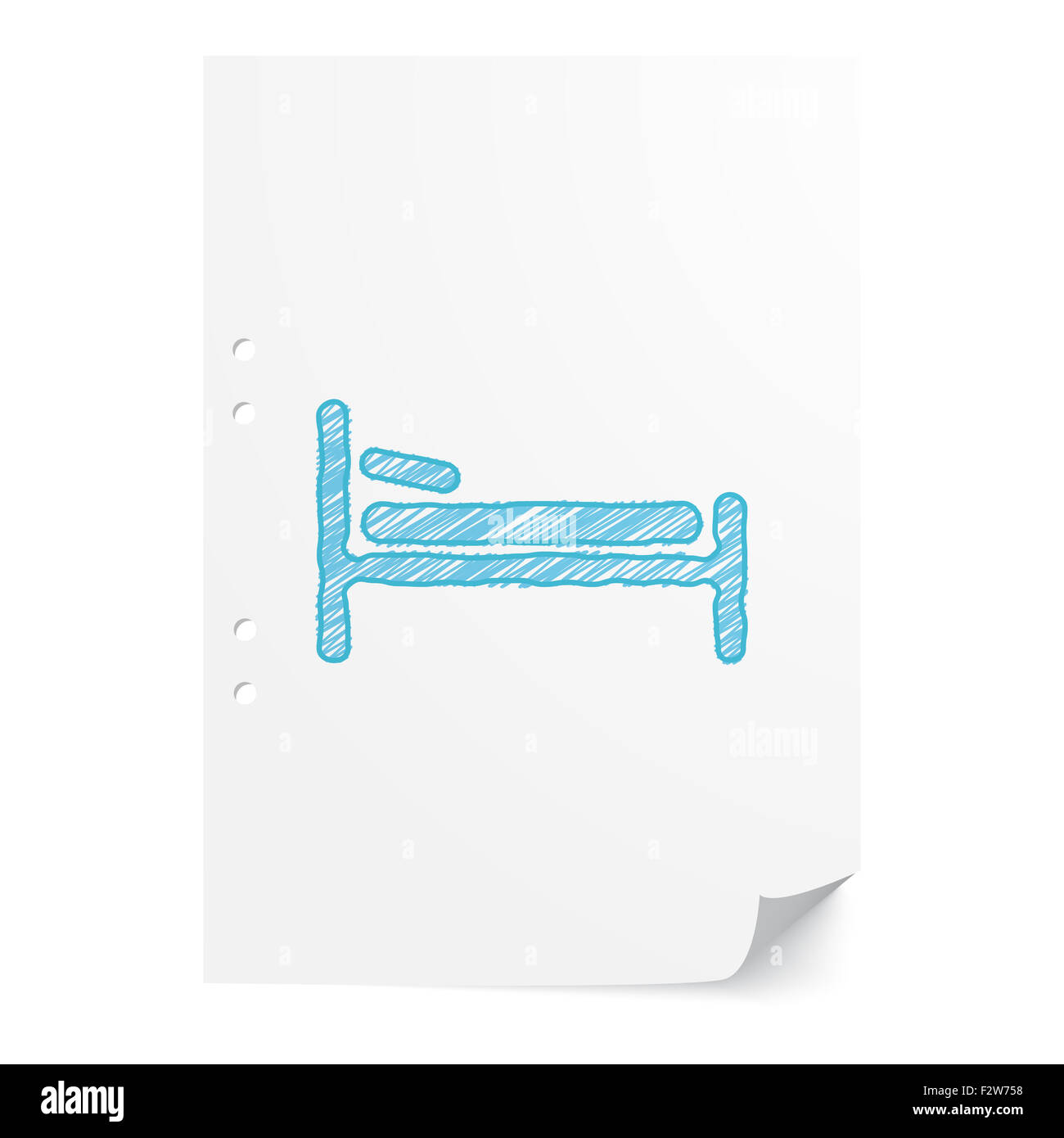 Lit bleu handdrawn illustration sur papier blanc feuille avec copie espace Banque D'Images