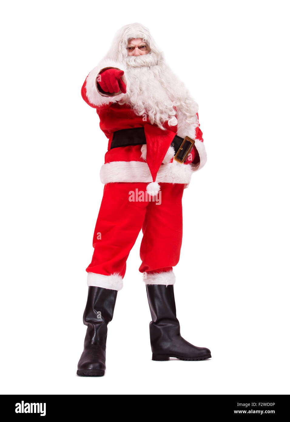 Santa Claus pointant son doigt avant isolé sur fond blanc Banque D'Images
