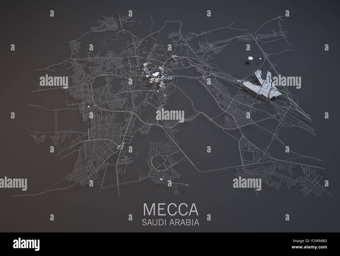 Site de La Mecque vue carte en 3d, l'Arabie Saoudite. Le noir et blanc Banque D'Images