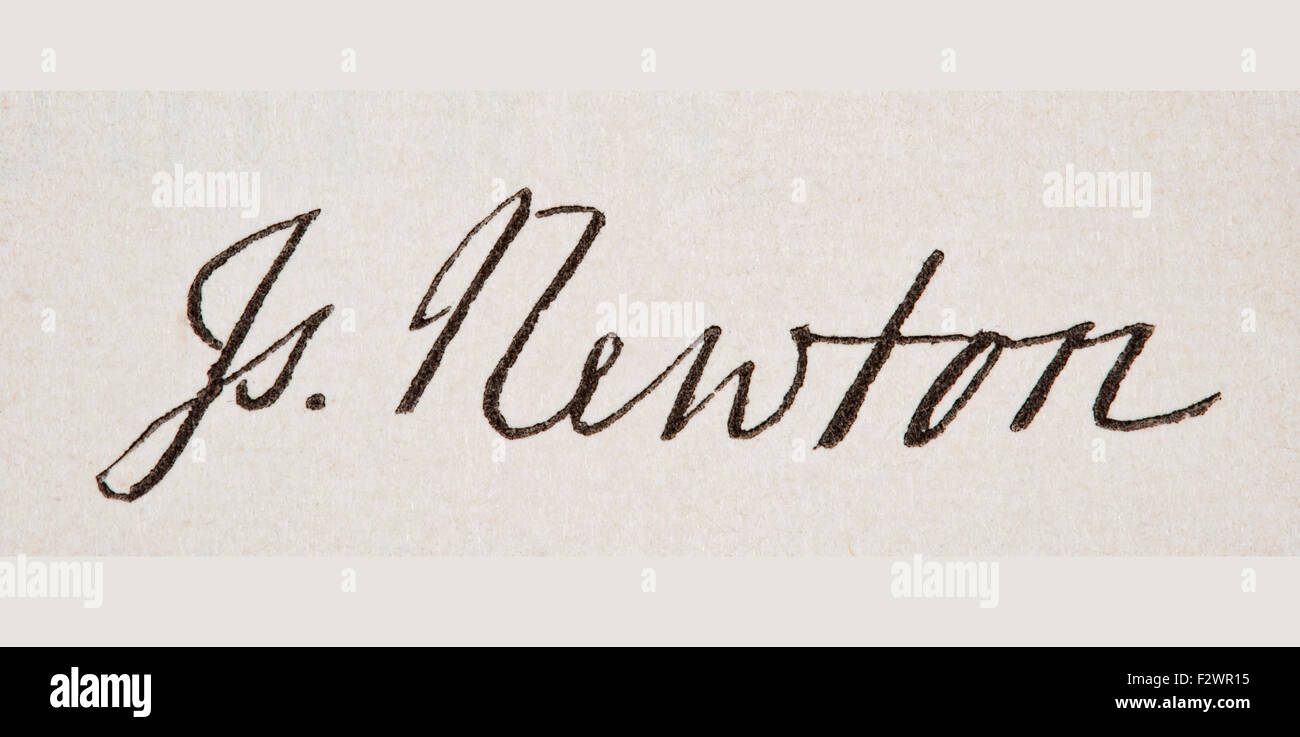 Sir Isaac Newton 1642 à 1727. Le physicien anglais mathématique et scientifique. Sa signature. Banque D'Images