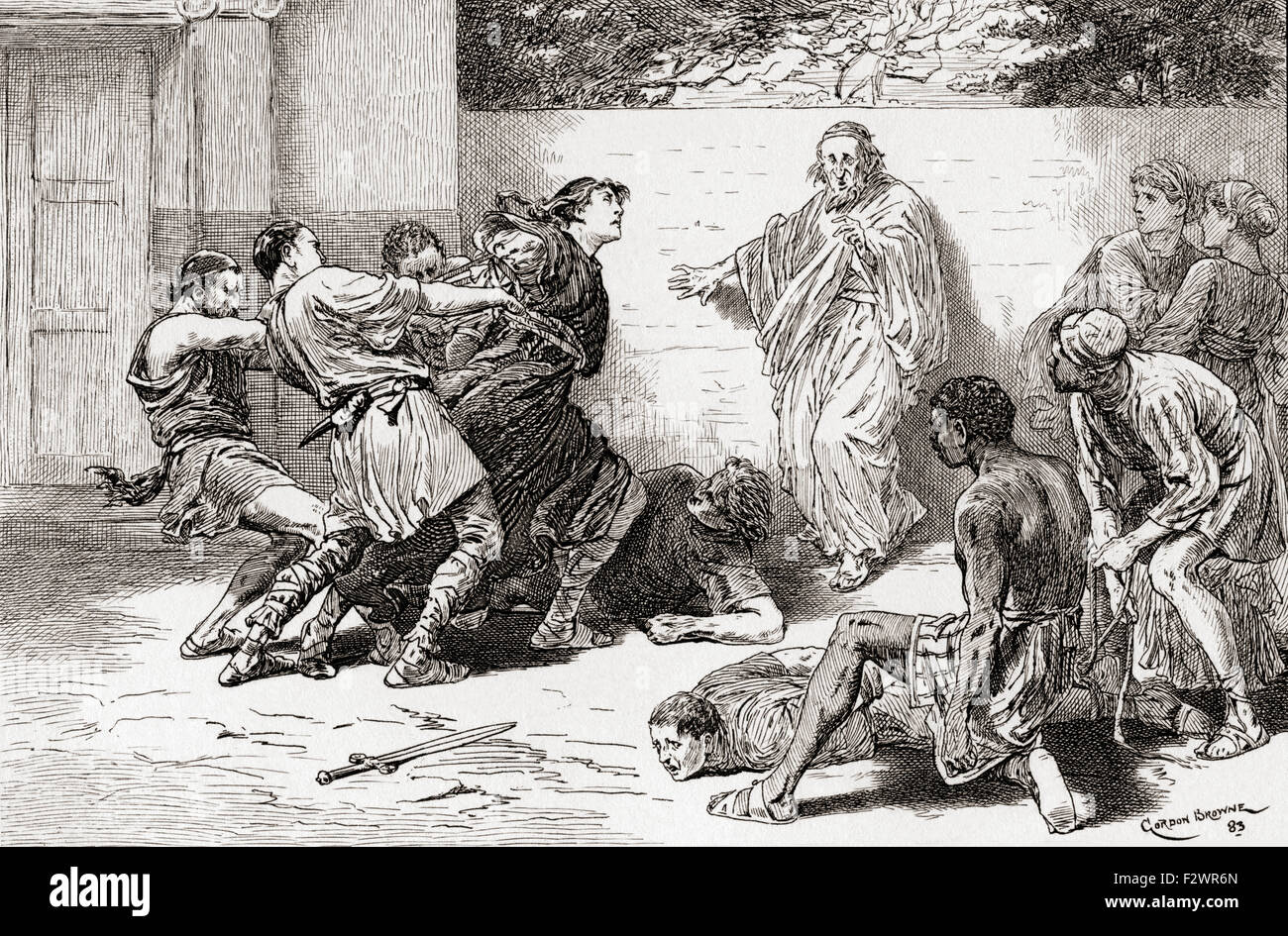 Une scène de William Shakespeare la comédie des erreurs, la Loi V, scène 4. Adriana : 'O, liez-le, liez-le, ne le laissez pas venir près de moi.' pincée : "plus d'entreprise, le démon est forte en lui." Illustration par Gordon Browne. Banque D'Images