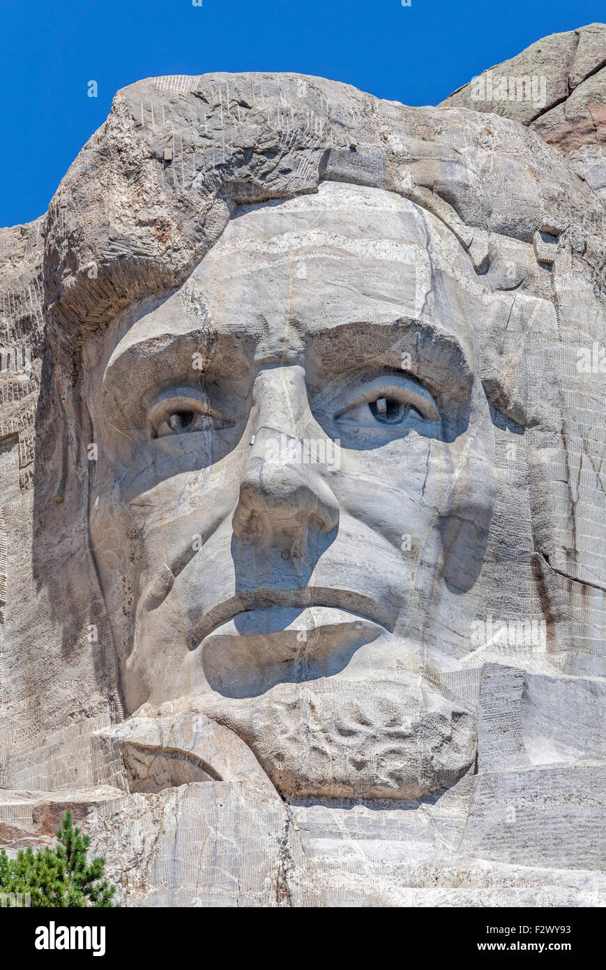 Vue d'Abraham Lincoln sur le Mont Rushmore National Memorial, dans le Dakota du Sud. Banque D'Images