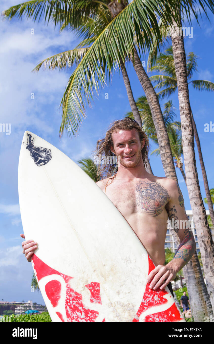 Instructeur de surf à la plage de Kaanapali, Maui Banque D'Images