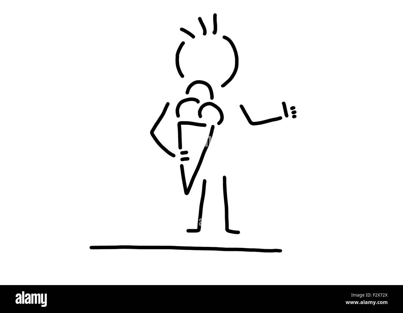 Enfant avec ice cream cone, Thumbs up, dessin au trait, noir et blanc Banque D'Images