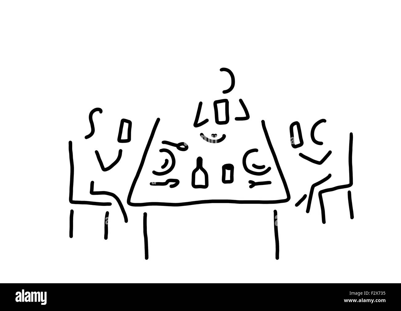 À la recherche sur smartphone au dîner, dessin au trait, noir et blanc Banque D'Images