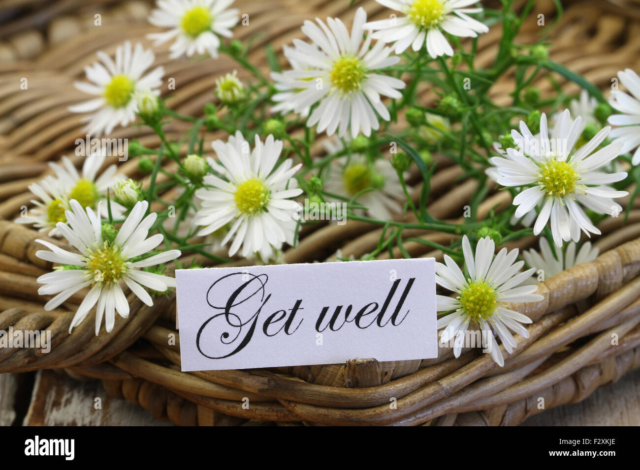 Carte de prompt avec fleurs de camomille sur le plateau en osier Banque D'Images