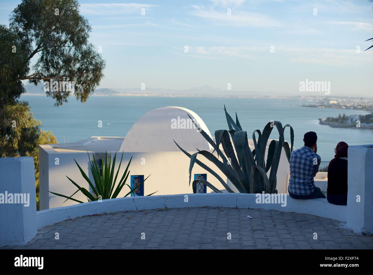 Vue sur la baie de Tunis du Sidi Bou Said Banque D'Images