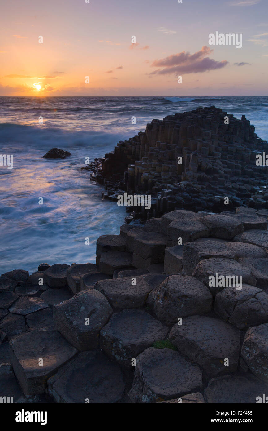 Coucher de soleil sur le Giant's Causeway, comté d'Antrim, en Irlande du Nord Banque D'Images