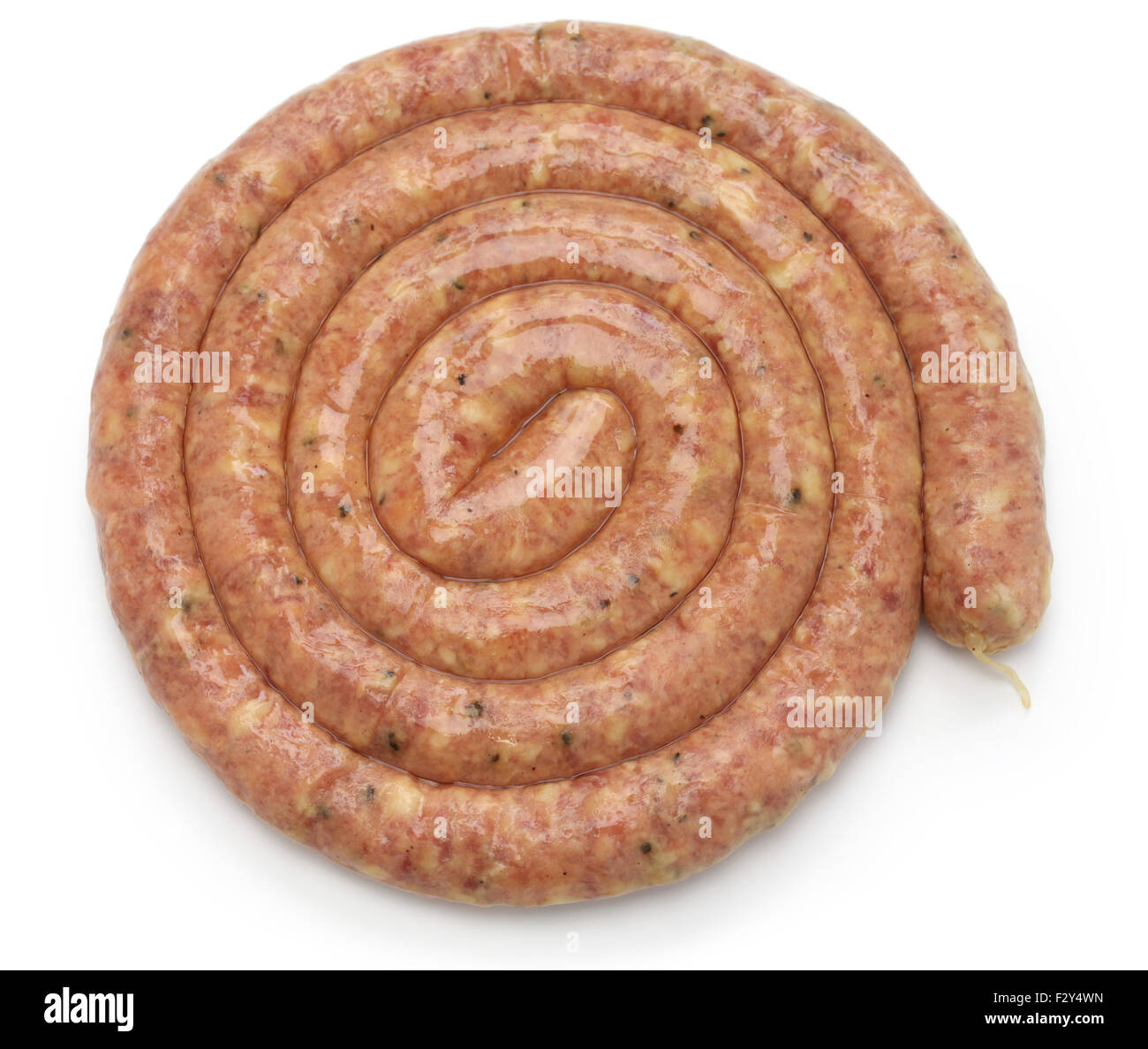 Saucisses de Cumberland brutes, spirale saucisse de porc isolé sur fond blanc Banque D'Images