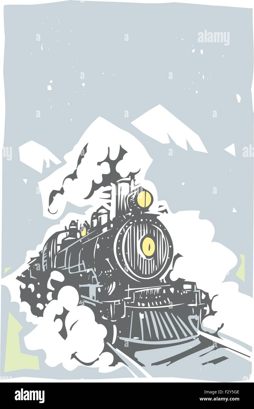 Image style gravure sur bois d'un train venant de locomotives de chemin de fer vers l'observateur. Illustration de Vecteur