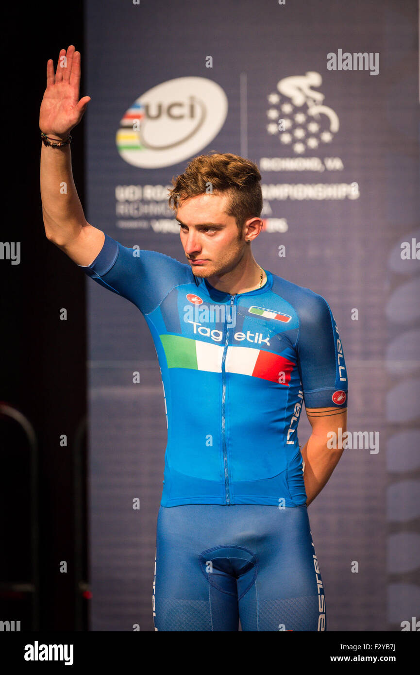 Richmond, Virginia, USA. 25 Septembre, 2015. L'Italie Simone Consonni prend la troisième place de la course U23 Vendredi 25 septembre 2015 au cours de l'UCI Championnats du Monde sur route à Richmond, Virginia, United States. Credit : Sean Meyers/ZUMA/Alamy Fil Live News Banque D'Images