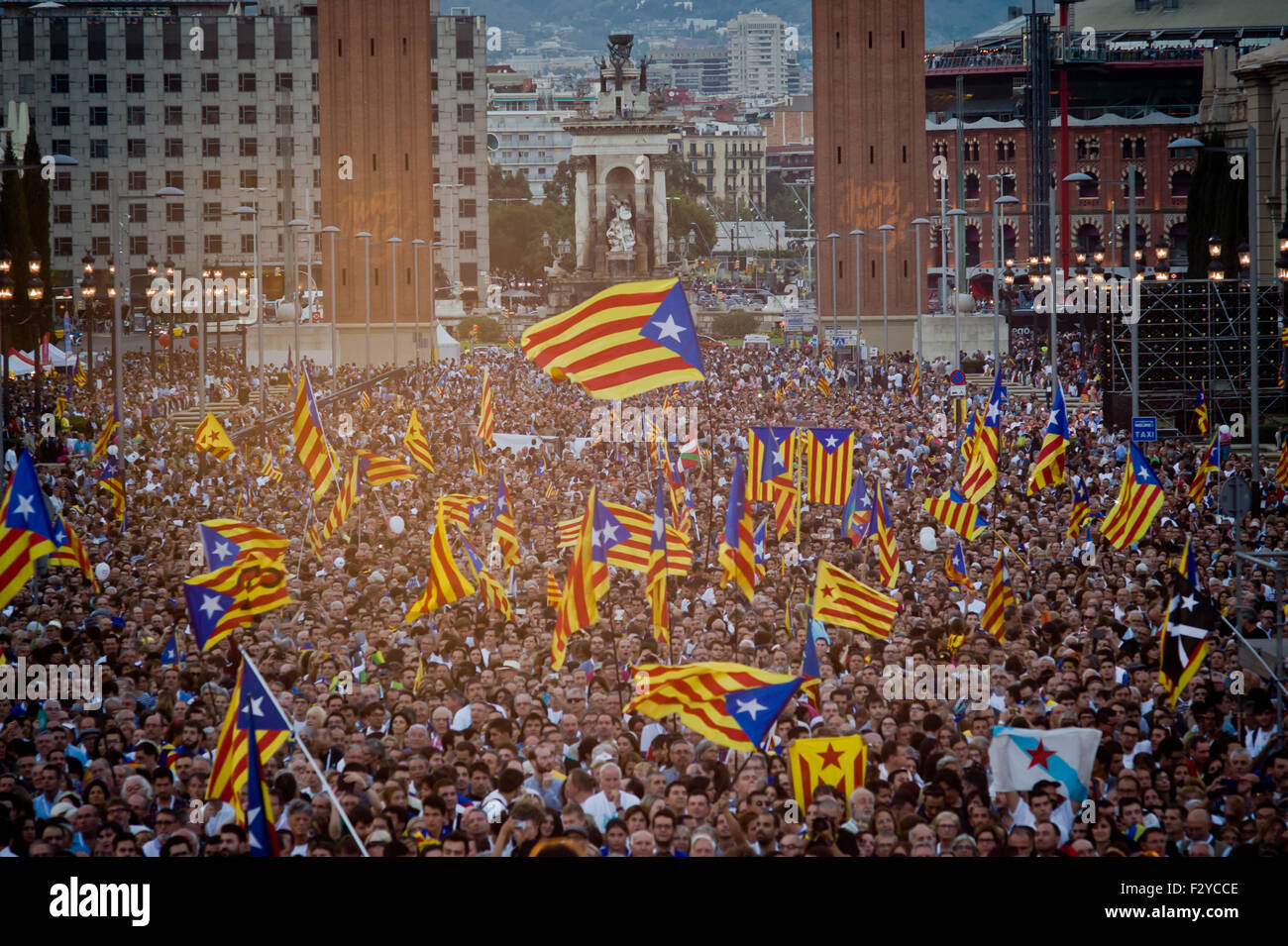Barcelone, Catalogne, Espagne. 25 Septembre, 2015. Drapeaux indépendantistes catalans (Estelades) sont vus au cours de la dernière campagne de rallye 'Junts pel Si' (ensemble pour Oui) à Barcelone le 25 septembre, 2015. Dimanche prochain auront lieu des élections régionales en Catalogne. Les sondages indiquent que l'indépendance parties pourraient obtenir la majorité absolue. Crédit : Jordi Boixareu/ZUMA/Alamy Fil Live News Banque D'Images