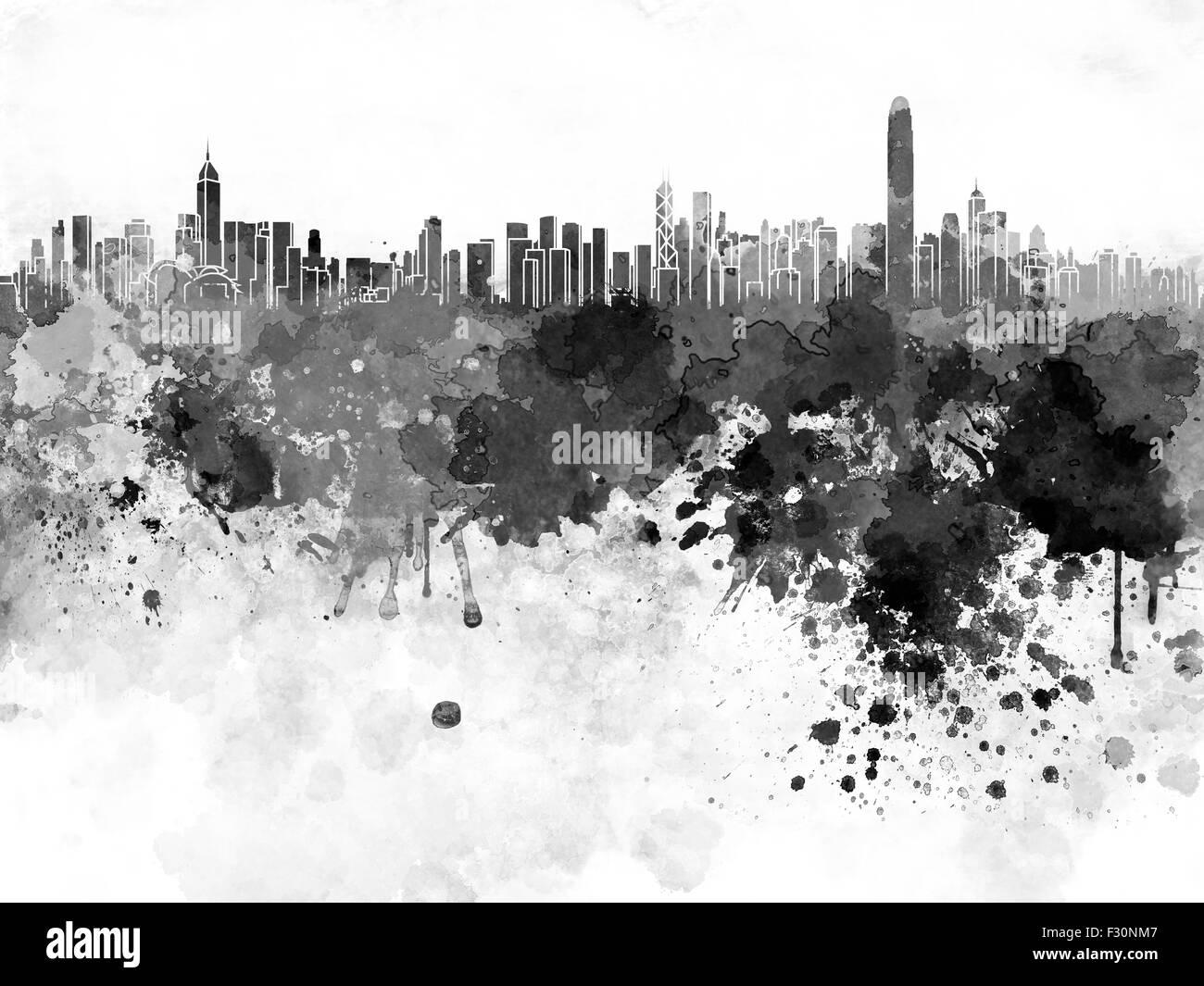Horizon de Hong Kong en noir aquarelle Banque D'Images