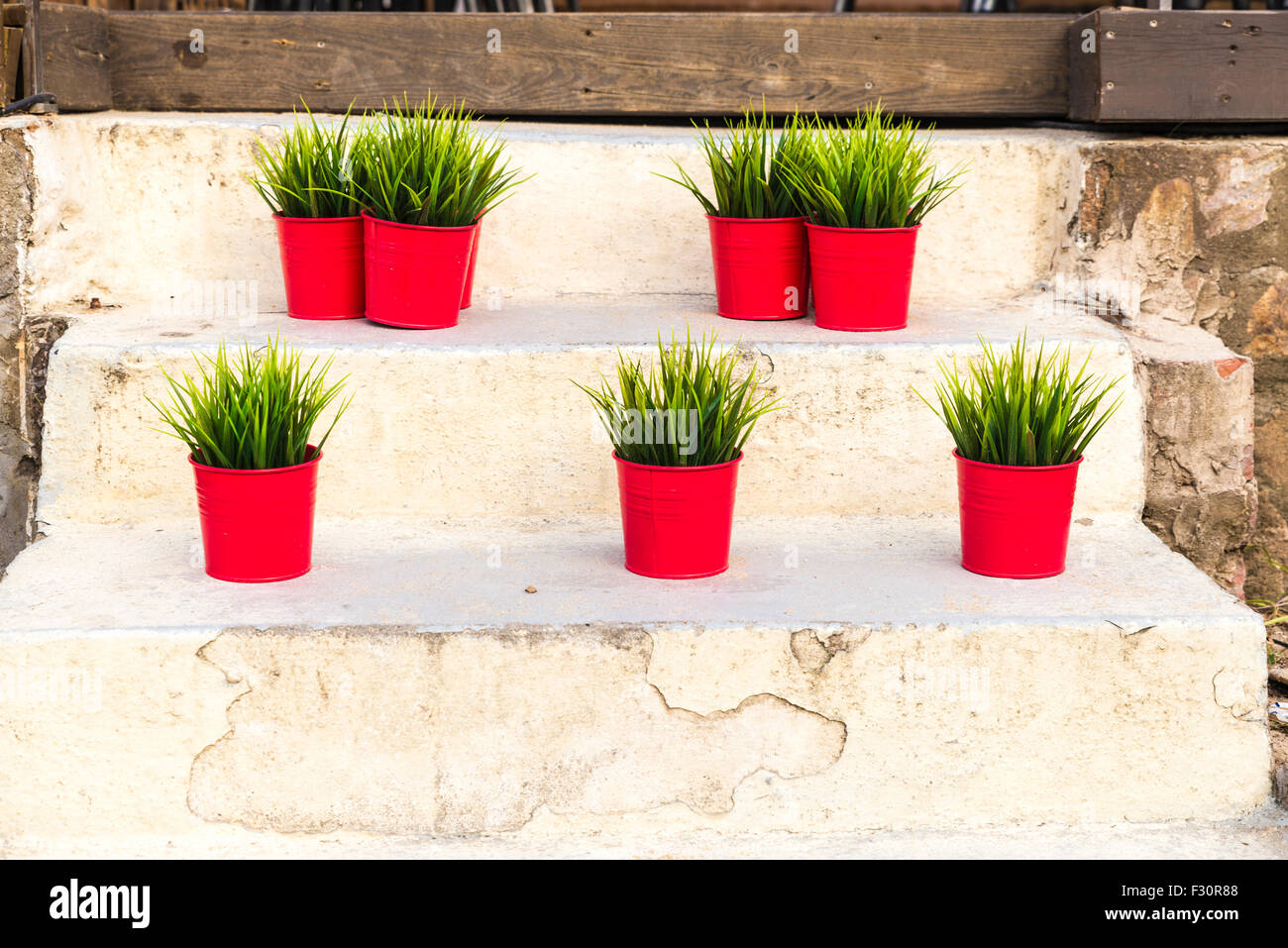 Pots rouges avec des plantes vertes sur un ancien escalier de pierre Banque D'Images