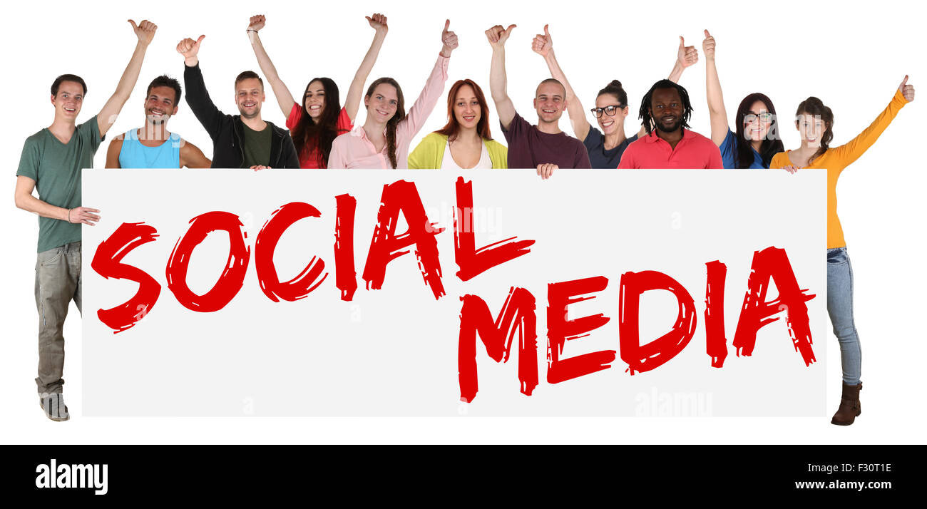 La mise en réseau des médias sociaux professionnels groupe de jeunes gens ethniques multiples holding banner isolated Banque D'Images