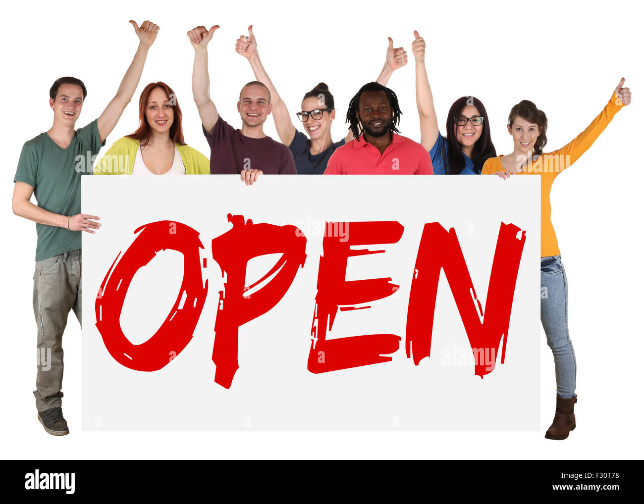 Ouvrir l'ouverture du magasin shop jeunes holding banner isolated Banque D'Images